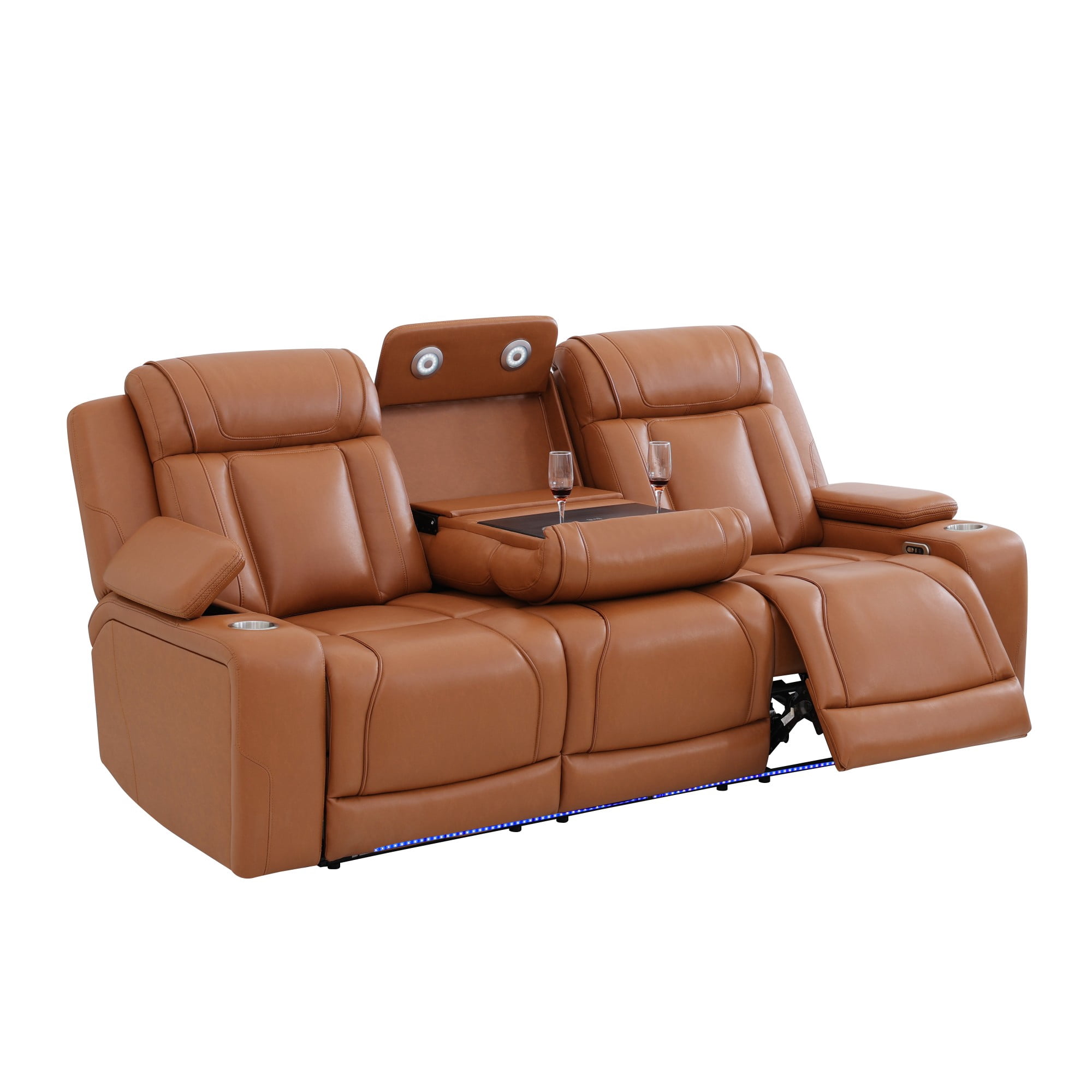 Gewnee 3‑Seater Power Recliner Sofa, Air Leather, USB & Type‑C Wireless Charging, Armrest Storage, Flip‑Up Tea Table, LED Light, Home Theater Seating for Living Room，Orange Yellow