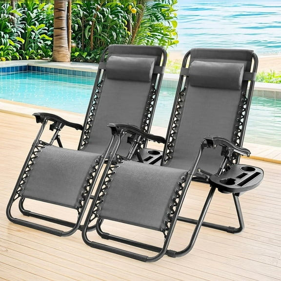 Sybels 2-Pack Zero Gravity Reclining Lounge Chairs, Portable Folding Outdoor Chairs with Adjustable Headrest, Cup Holders & Ergonomic Support, Black