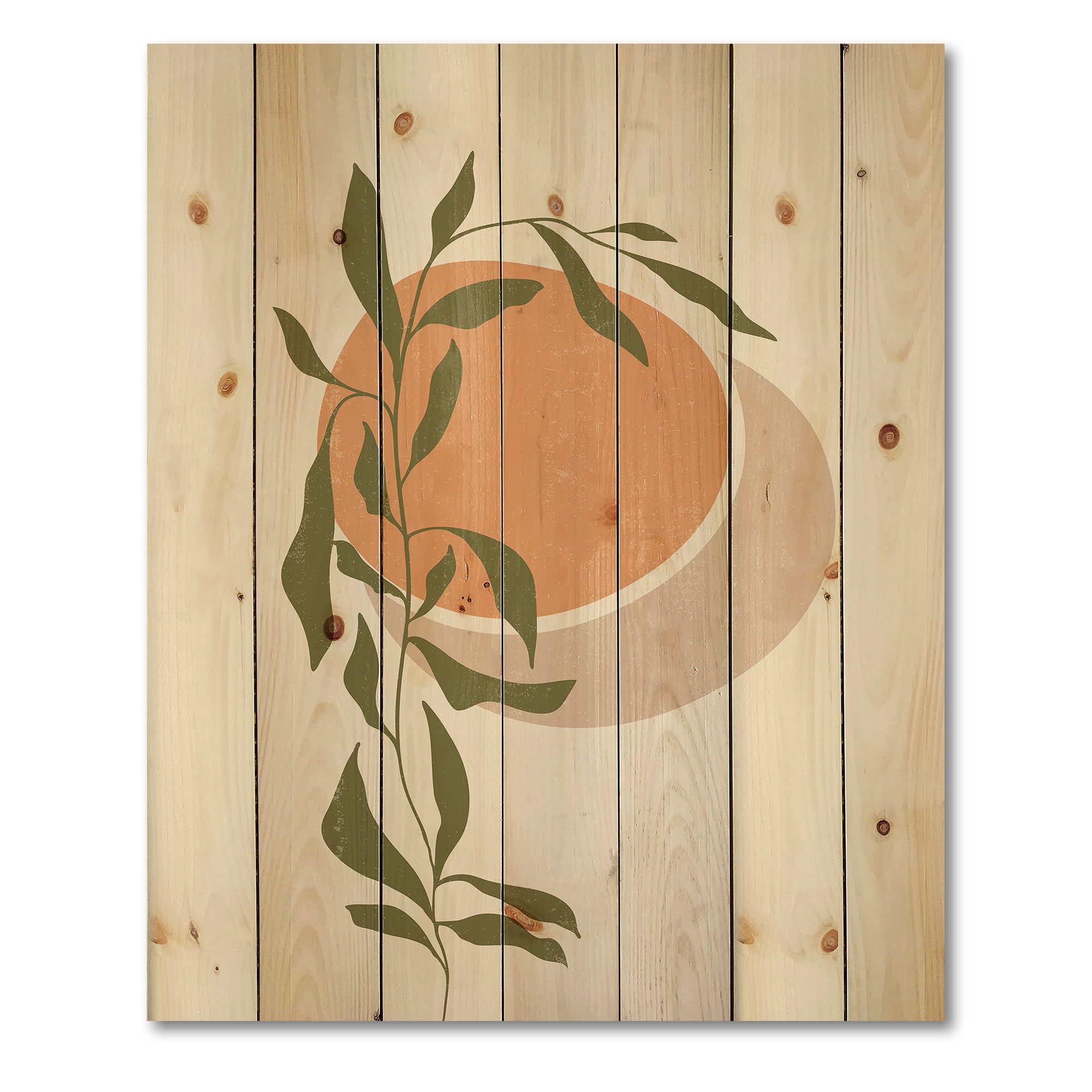 Designart 'Abstract Orange Moon and Sun With Tropical Leaf' Modern Print on Natural Pine Wood