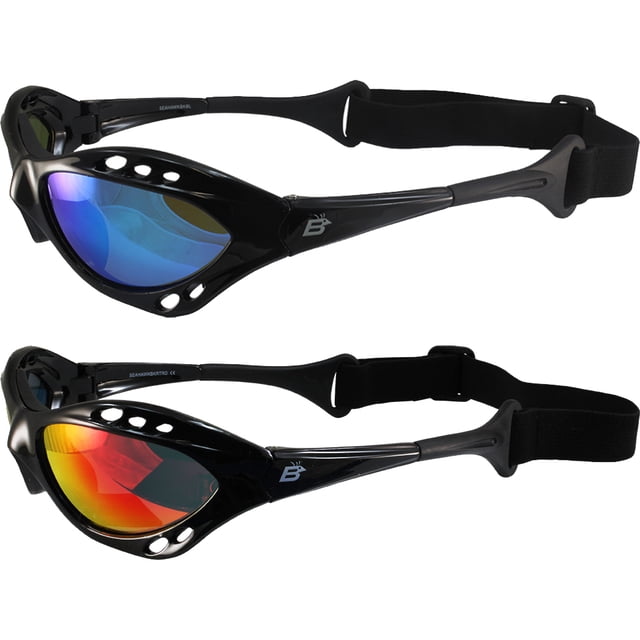 2 Paires de Lunettes de Soleil Birdz Seahawk Polarisées Rembourrées Montures Noires Verres Bleus + Rouges Reflectchés