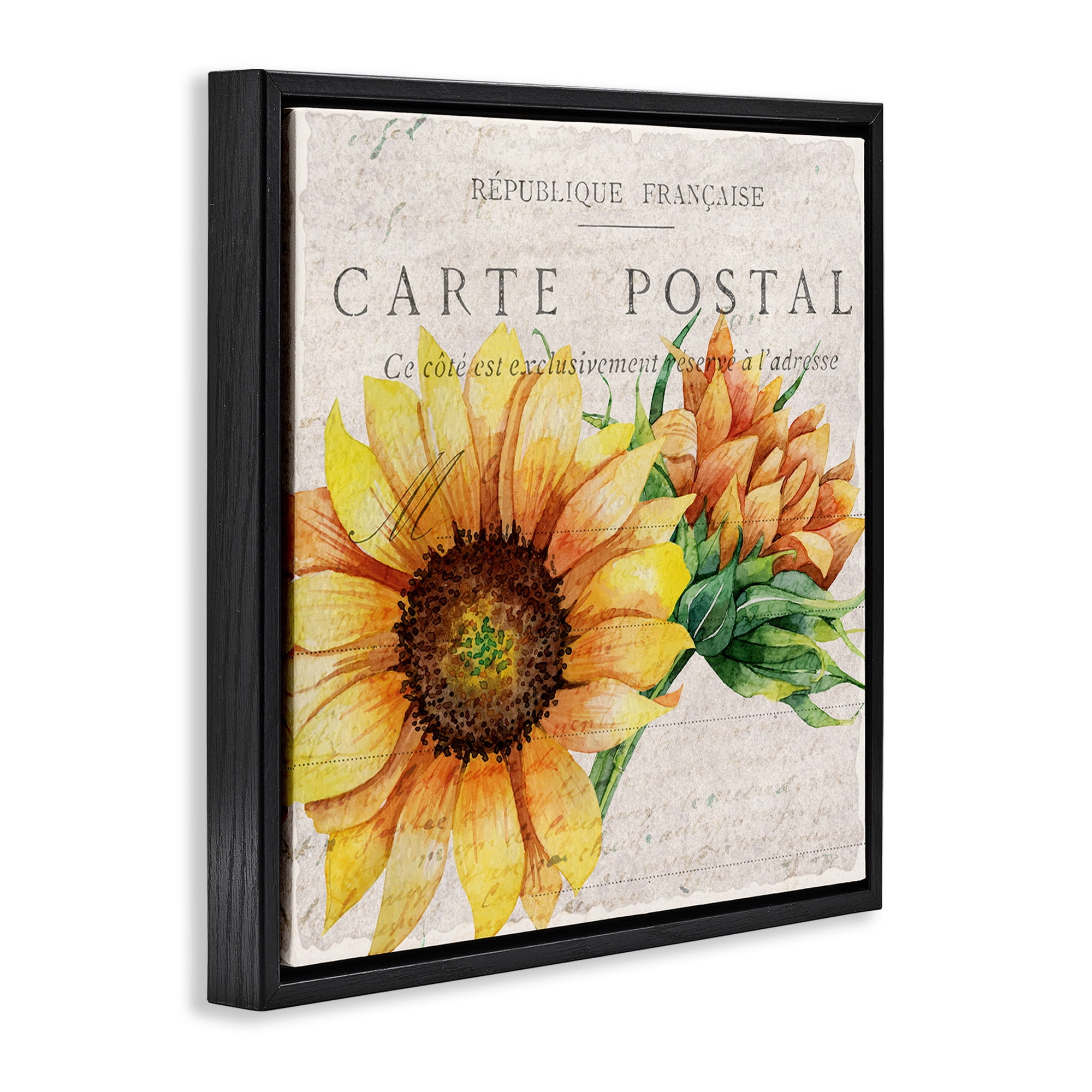 Stupell Industries Vintage French Sunflower Postcard Botanical & Floral Painting Black Floater Framed Canvas Art Print Wall Art, 25 x 25