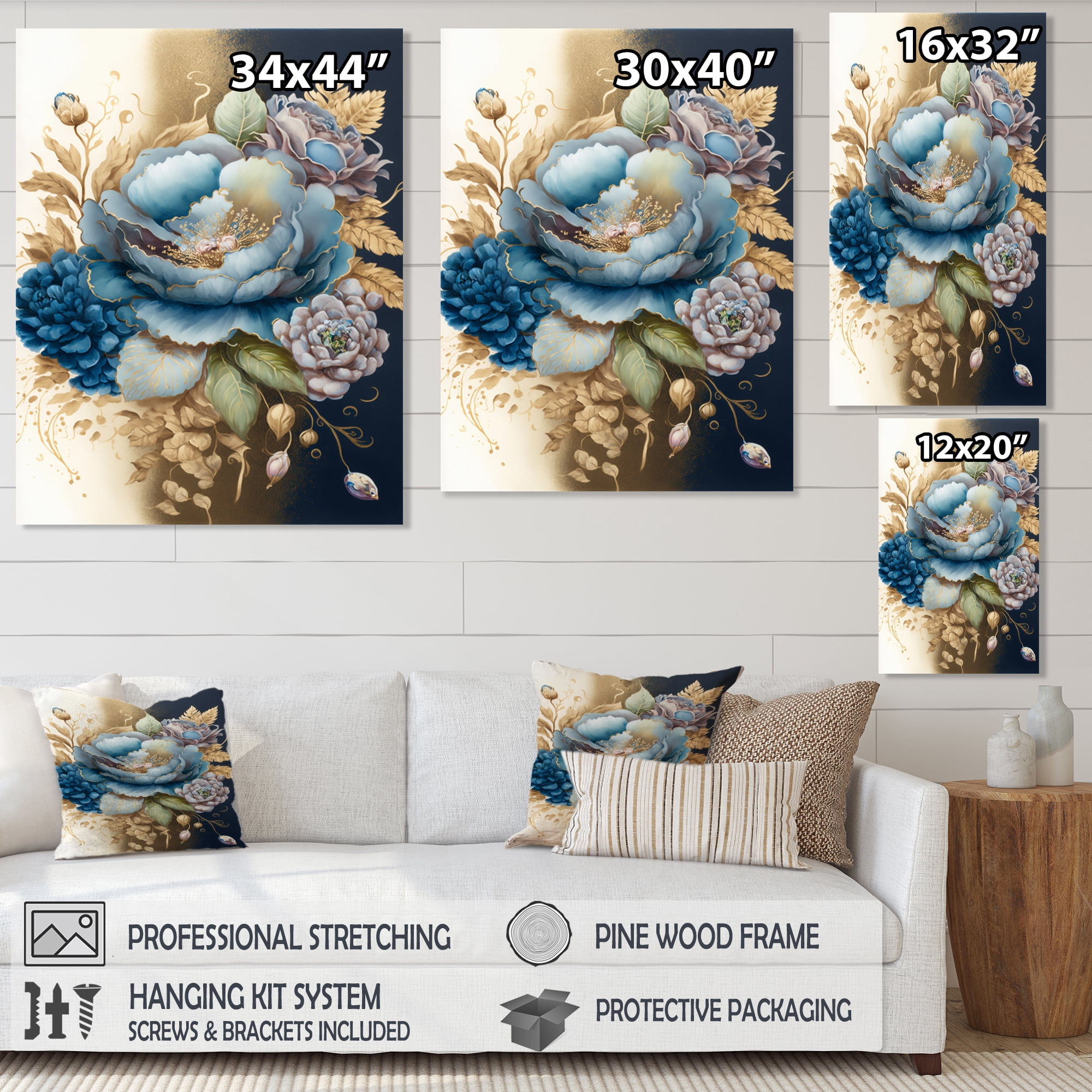 Designart Blue And Gold Mixed Floral Bouquet III Canvas Wall Art