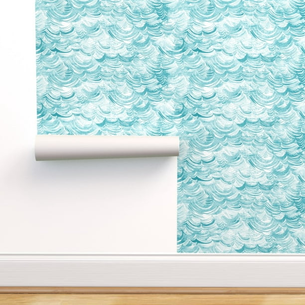Removable Wallpaper 9ft x 2ft - Wild Ocean Aqua Nautical Waves Sea Abstract  Beach Lines Summer Graphic Custom Pre-pasted Wallpaper by Spoonflower -  