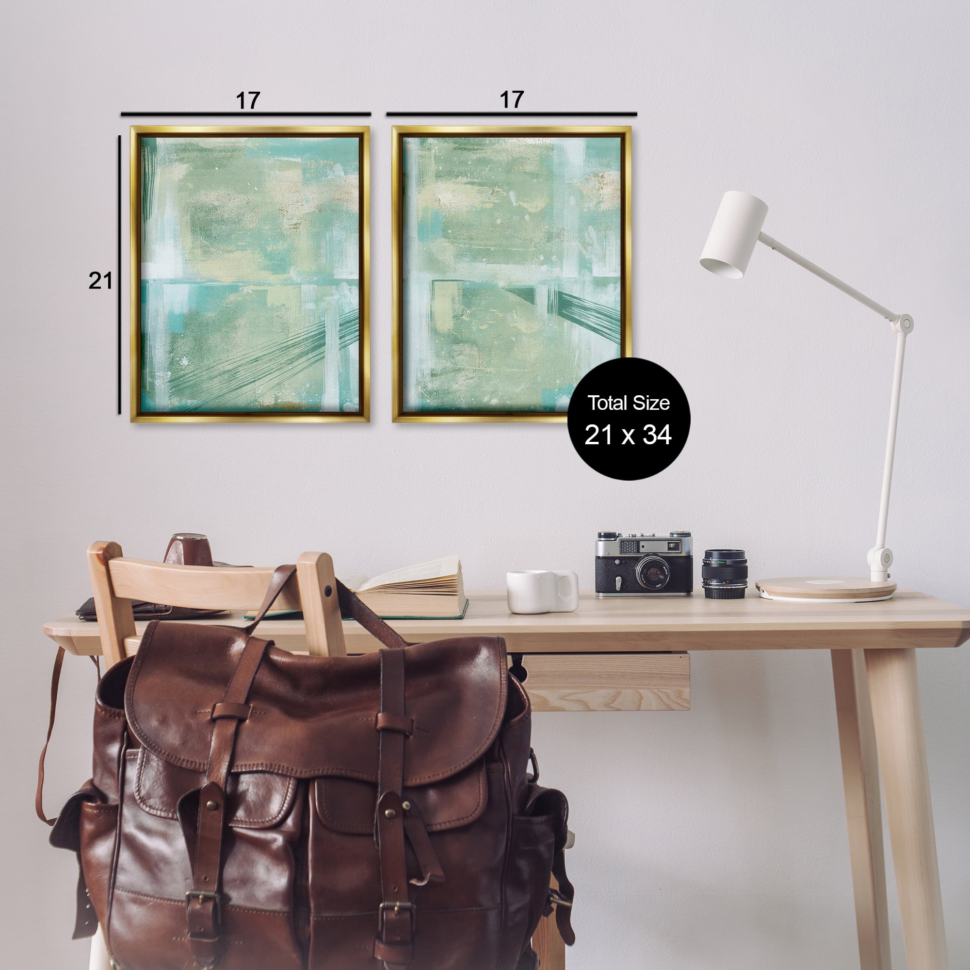 Stupell Industries Teal Abstract Bridge Cityscape Abstract Painting Gold Floater Framed Canvas Art Print Wall Art, 17 x 21, Set of 2