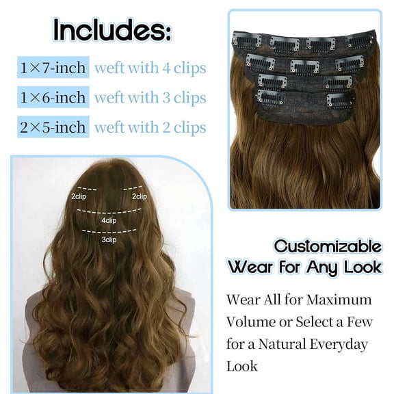 WEIF-4PCS Clip in Hair Extensions Chestnut Brown Long Wavy Hair Extensions 20 Inch Synthetic Hairpieces Clip Ins for Women Daily Party Use