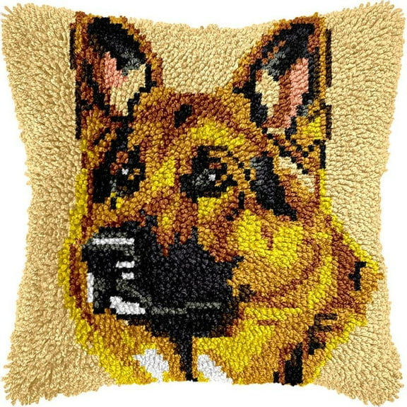 Portrait of German Shepherd Latch Hook Kits Pillow DIY Rug Crochet Hook Cushion Making Kits Printed Pattern Canvas Pillowcase Hooking Kits Pillow Cover Crochet Kits 43x43cm(fs101)