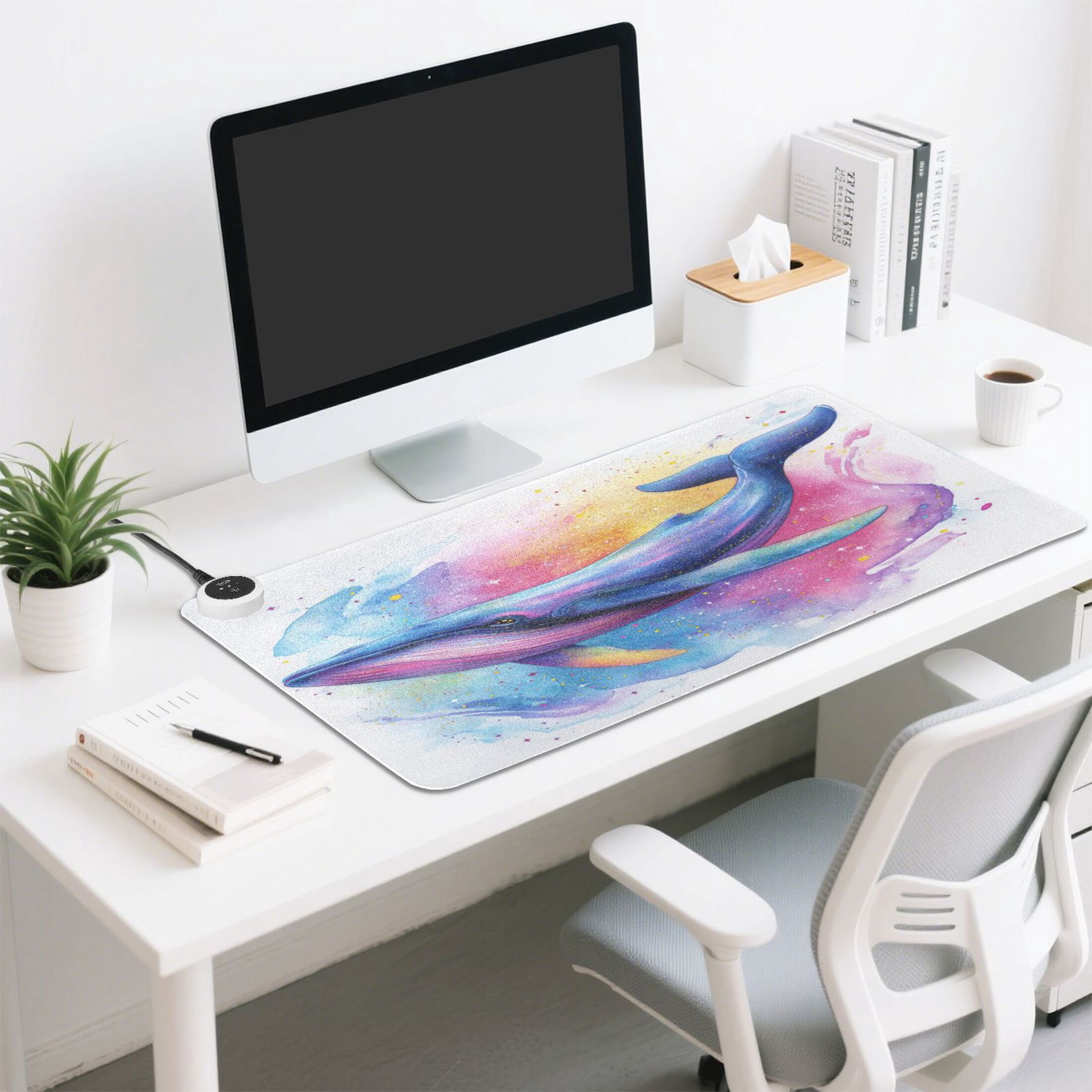Large Heated Desk Mat Mouse Pad 31.5"x13"PU Leather Graphene Heating Desk Warmer with 3 Temperature Settings 110V US Plug Non-Slip Warm Pad for Home, Office, and Gaming Pastel Galaxy Whale Pattern