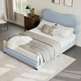 thumbnail image 4 of Blue Boucle Bed Frame with Upholstered Headboard, Soft Low Profile Sturdy Platform Bed with Rounded Corners Design, Heavy Duty, Wooden Slats, Noise Free, No Box Spring Needed, Queen Size, 4 of 9