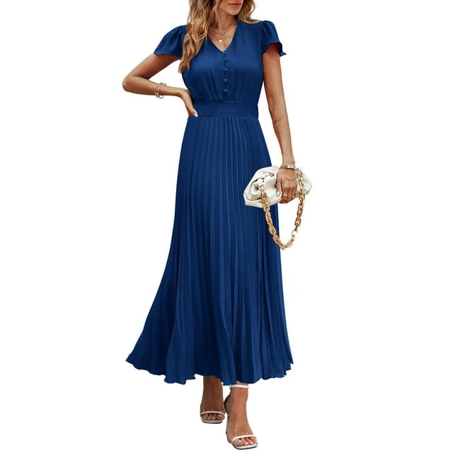 Vestido largo PRETTYGARDEN Verano 2025 con cuello en V y volantes, azul oscuro