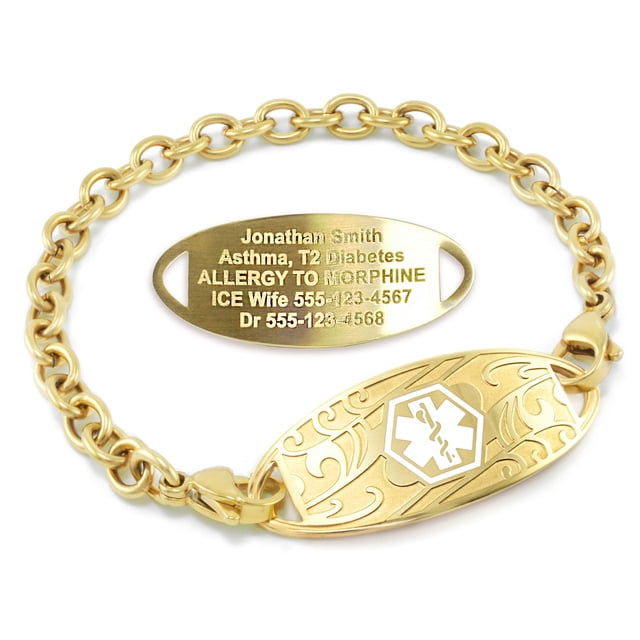 MedicEngraved Yellow Gold Stainless Steel Custom Medical Alert Bracelet - 5mm Oval Link
