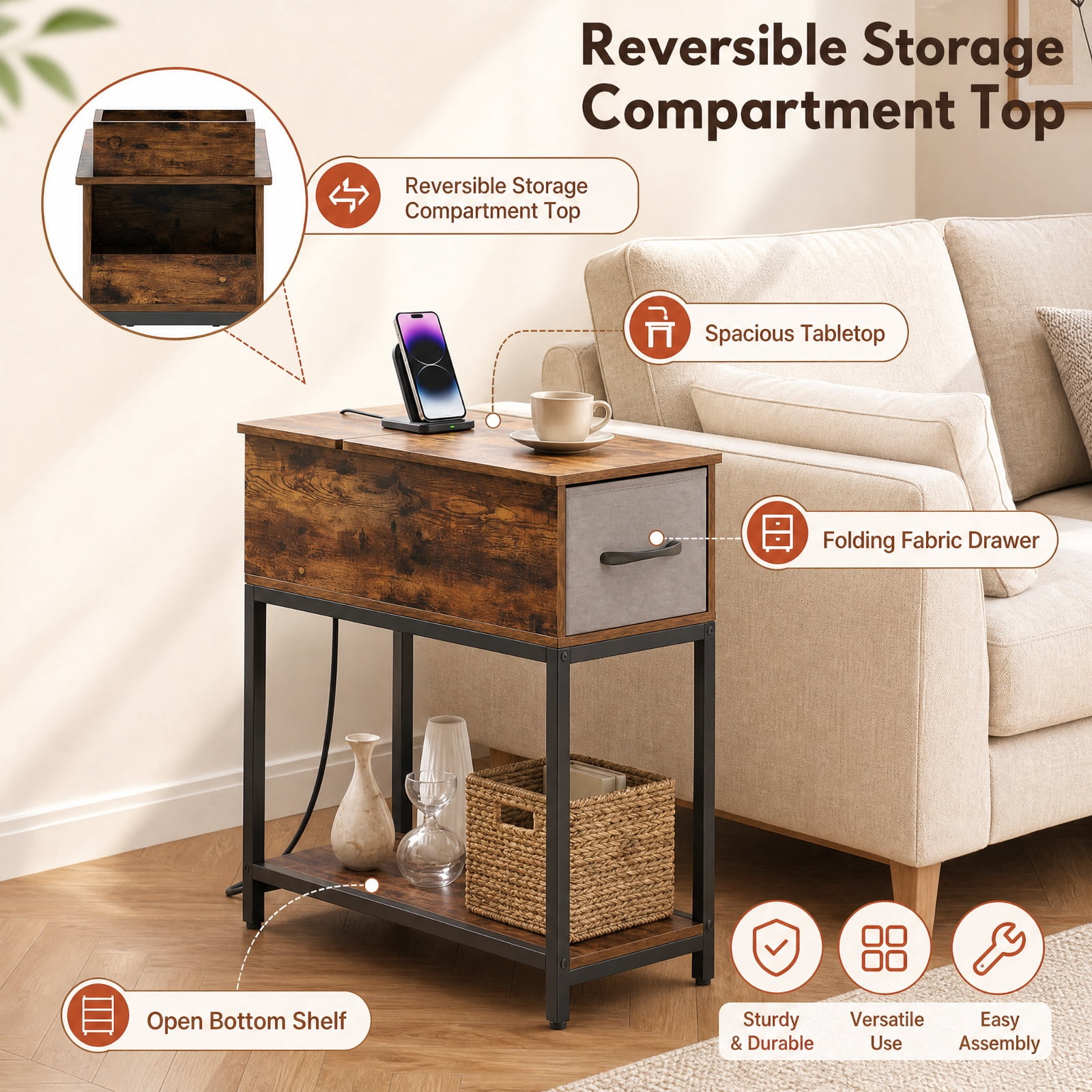 Furnibear Narrow Side Table with Charging Station LED Lights and Fabric Drawer Industrial End Table for Living Room Bedroom Sofa Side, Brown