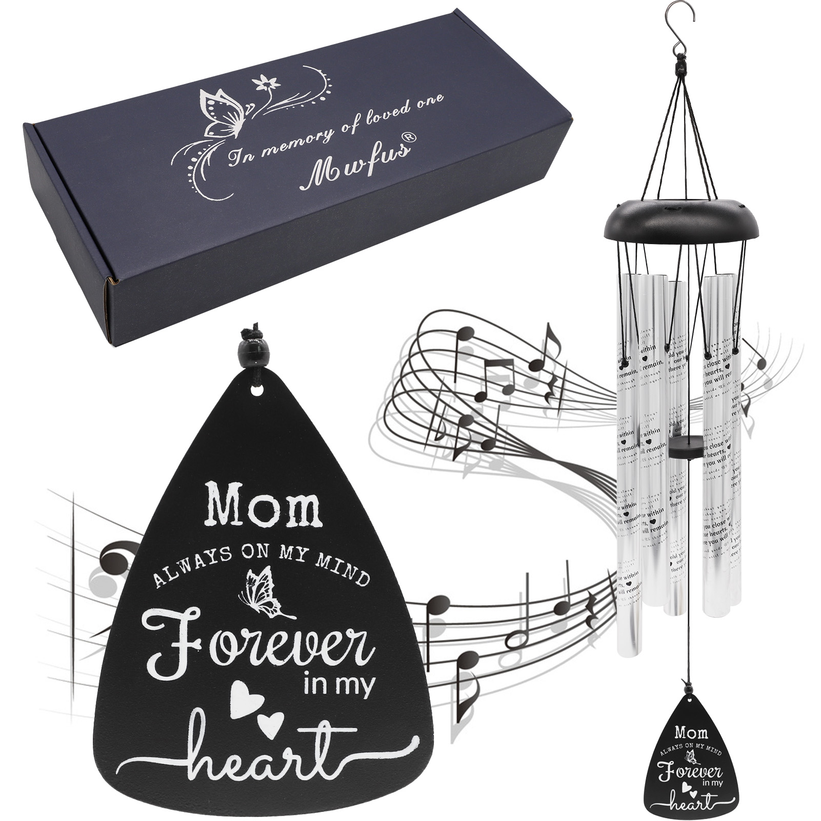 Wind Chimes Silver Memorial Gift Set for Loss of Mom , Long Deep Tones