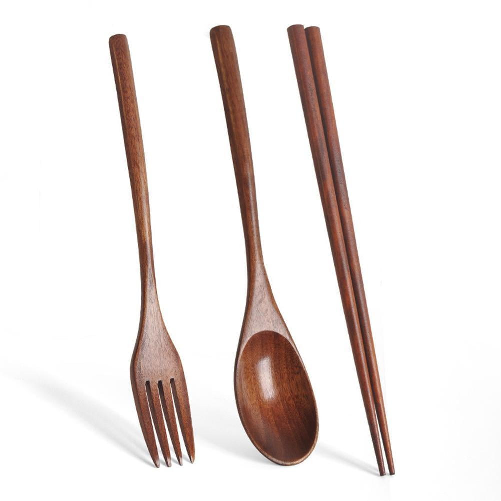Handmade Japanese Style Natural Spoon Fork Chopsticks  Wooden Cloth Bag 