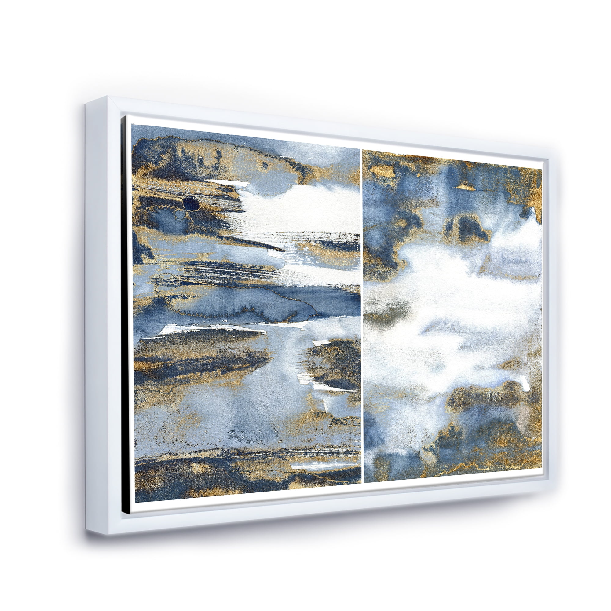 Designart 'Gold and Dark Blue Abstract Waves III' Modern Framed Canvas Wall Art Print