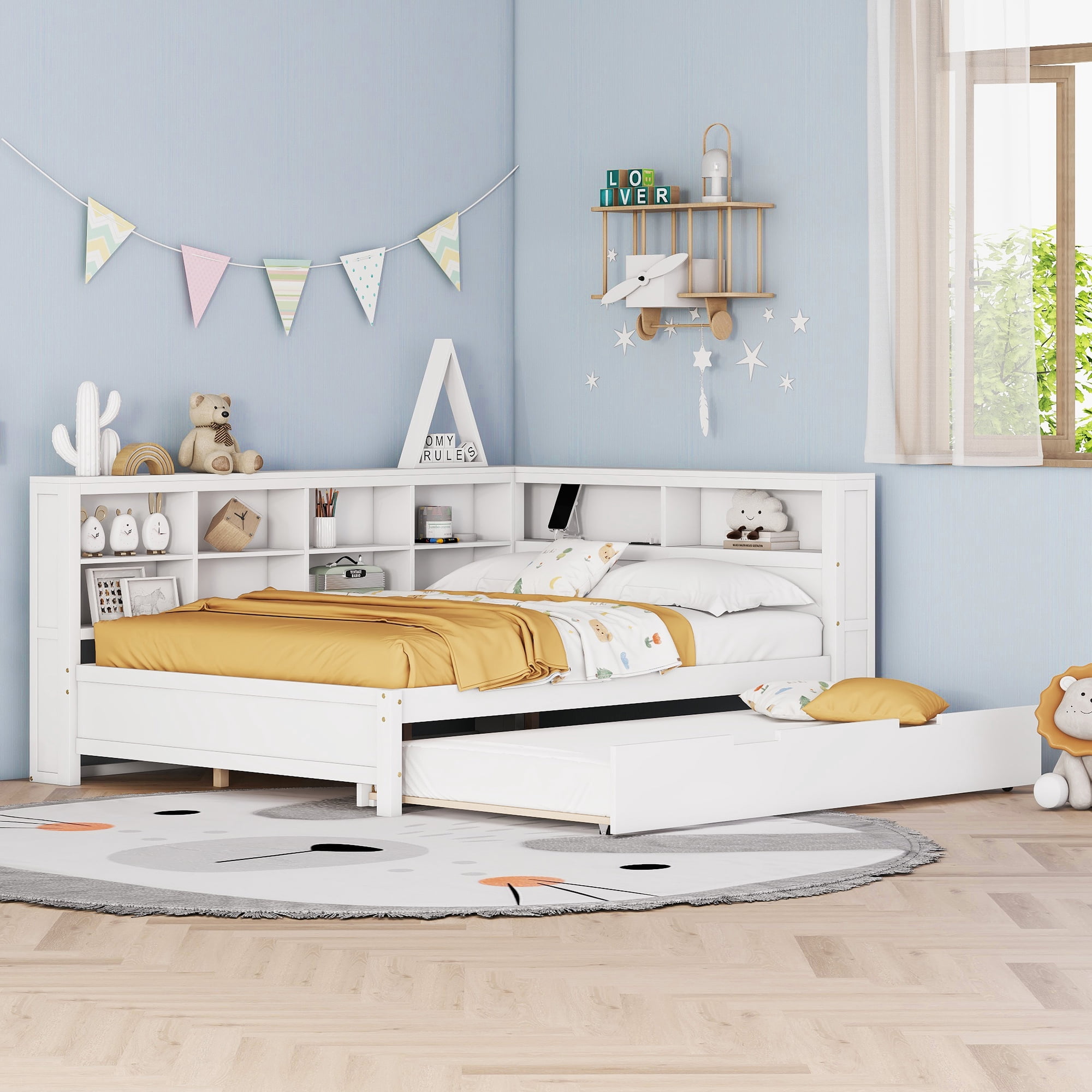 Mintazer Modern Full Daybed Frame with Twin Trundle, USB Charging Station, and Storage for Bedroom, White