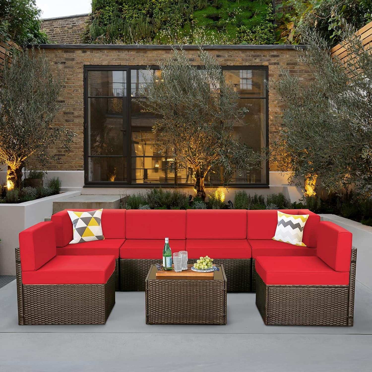 Danrelax 7 Pc Outdoor Patio Sectional Set, Red and Black Red Steel with Cushions