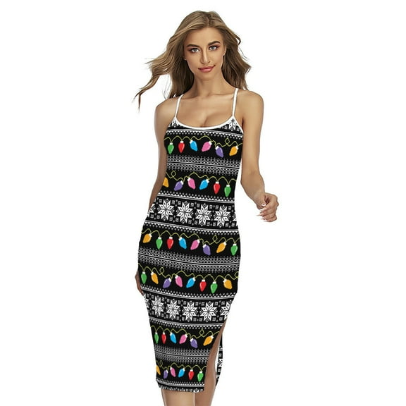 Christmas Tree Lights Printed Cross Back Cami Dress, Jesus Christian Fashion Summer Maxi Sexy Casual Dress For Women