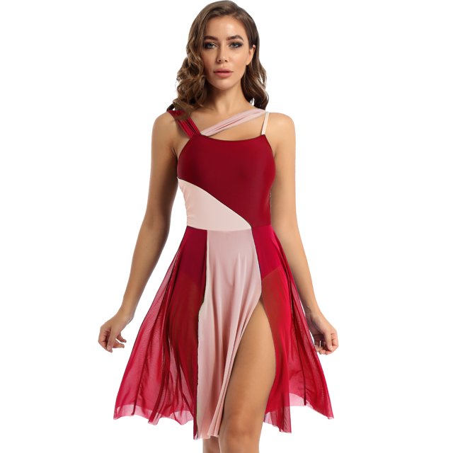TiaoBug Robe Justaucorps Sans Manches Patchwork Coloré Moderne Contemporain pour Femmes Costume de Danse de Salon Bourgogne TP