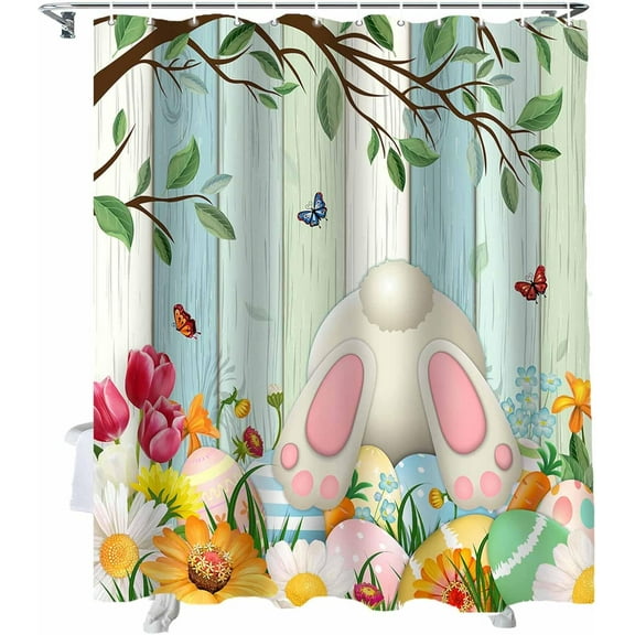 Easter Shower Curtain Bunny Egg Bathroom Curtains with Hooks, Waterproof Fabric Flower Rabbit Tree Branch Wood Shower Curtains Set for Bathroom Bathtubs Seasonal Spring Holiday Decor Gift 72x84 Inch