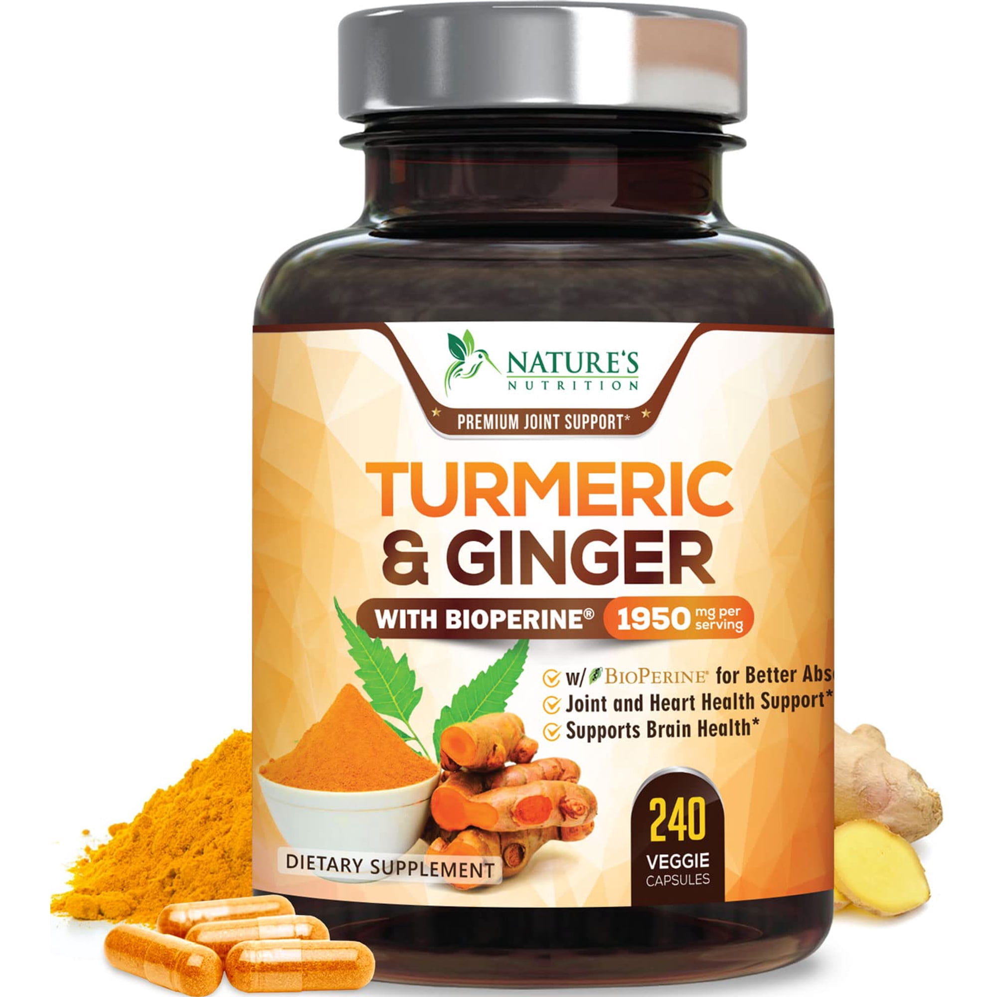 Turmeric Curcumin Supplement - 95% Curcuminoids with Organic Turmeric & Ginger, BioPerine Black Pepper Extract for Best Absorption, Natural Vegan Joint Support, Non-GMO, Bottled in USA - 240 Capsules