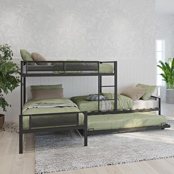 EHANCIS L-Shaped Triple Bunk Bed with Trundle, Sturdy Metal Twin Bunkbeds for 4 Sleepers, Space-Saving 3-in-1 with Ladders & Guardrails for Adults, Black