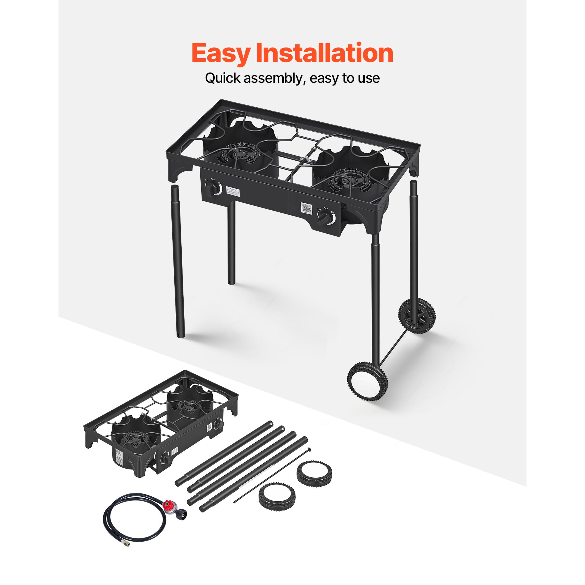 KFFKFF 2-Burner Outdoor Propane Gas Stove, 150,000 BTU LPG Camping Cooker, Durable Carbon Steel Design with Wheels, 20 PSI Regulator & Hose, Ideal for BBQs, Camping, and Backyard Use