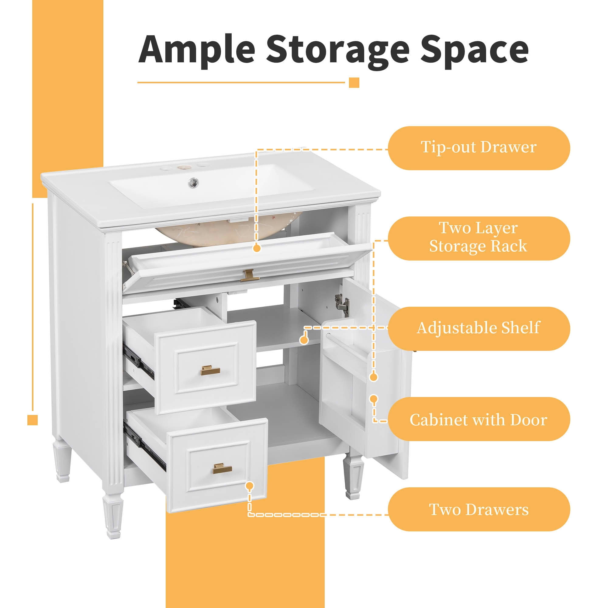 MAYEERTY 30" Bathroom Vanity with Sink, 1 Flip Drawer 2 Drawers Adjustable Shelf, Solid Wood MDF, White