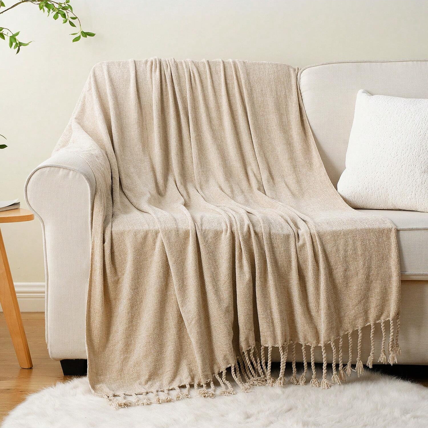 Beige Chenille Throw Blanket,Decorative Tan Knit Blanket for Living Room Decor,50"x60"