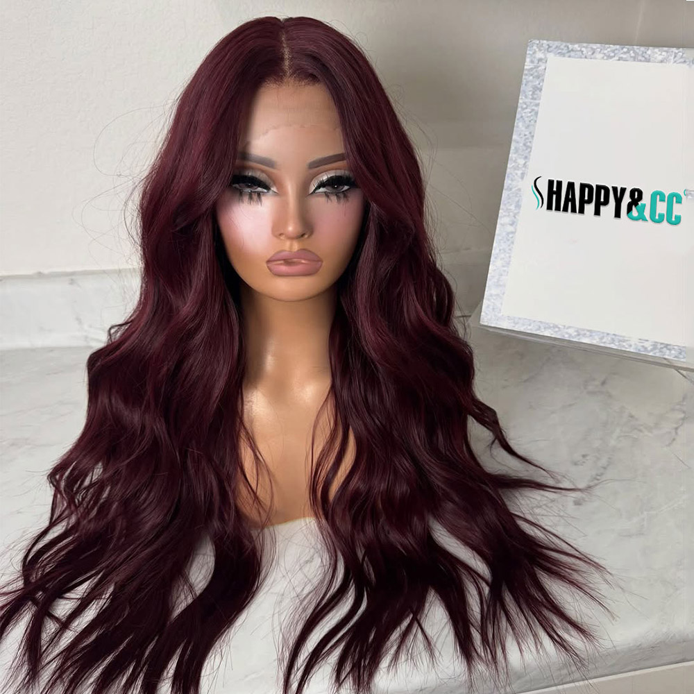 13x4 Lace Front Wig Burgundy Pre Plucked Natural Wave Synthetic Wigs for Women 26inch Beginner Friendly