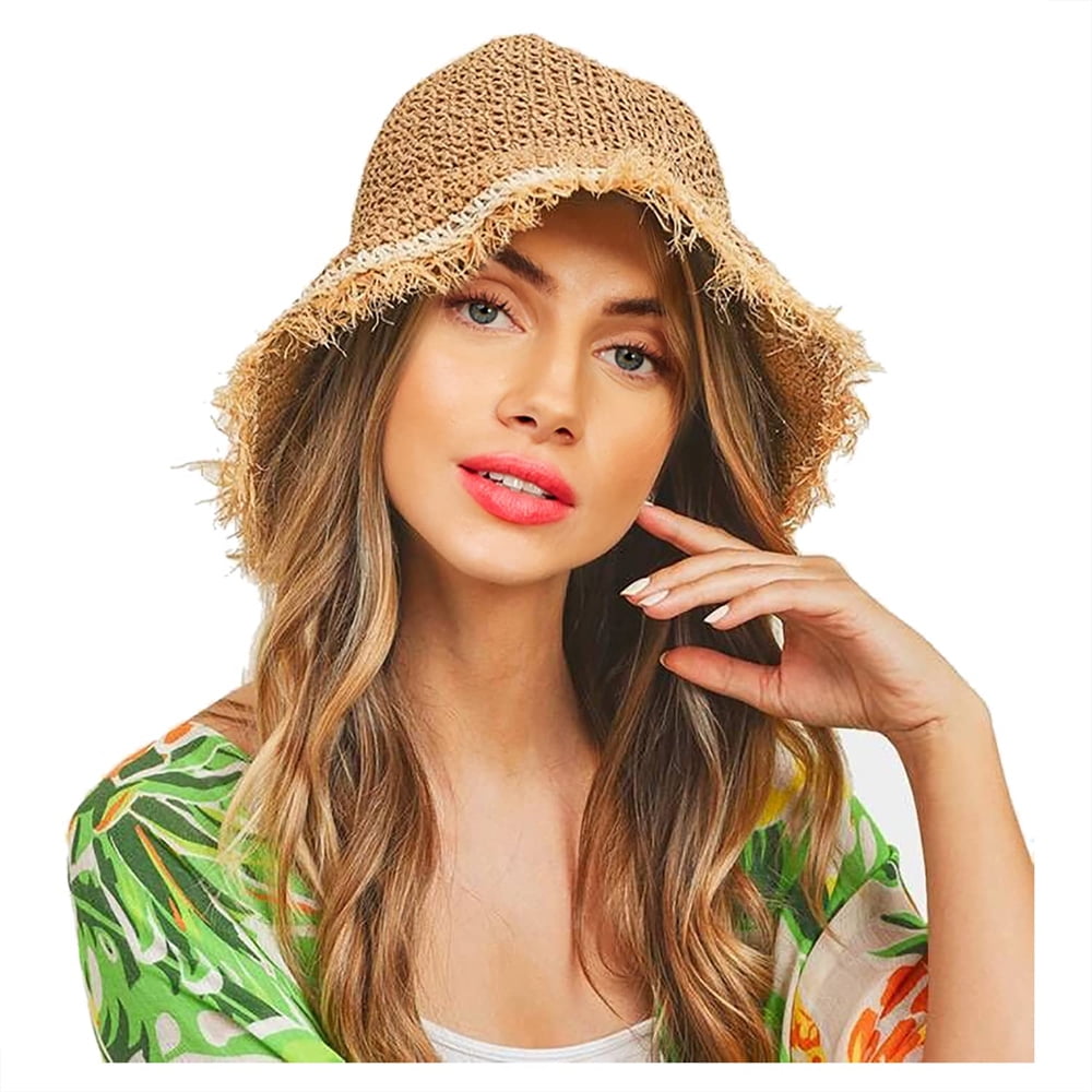 women's Frayed Foldable Straw Bucket Hat, Summer Hat Adjustable beach