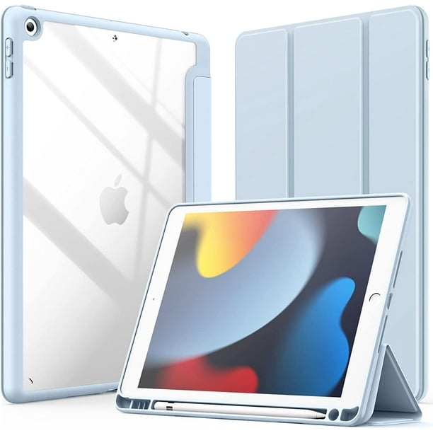 Funda azul claro para iPad de 10,2 pulgadas (9.ª/8.ª/7.ª generación, 2021/2020/2019) con portalápices, cubierta trasera delgada transparente a prueba de golpes con soporte para tableta