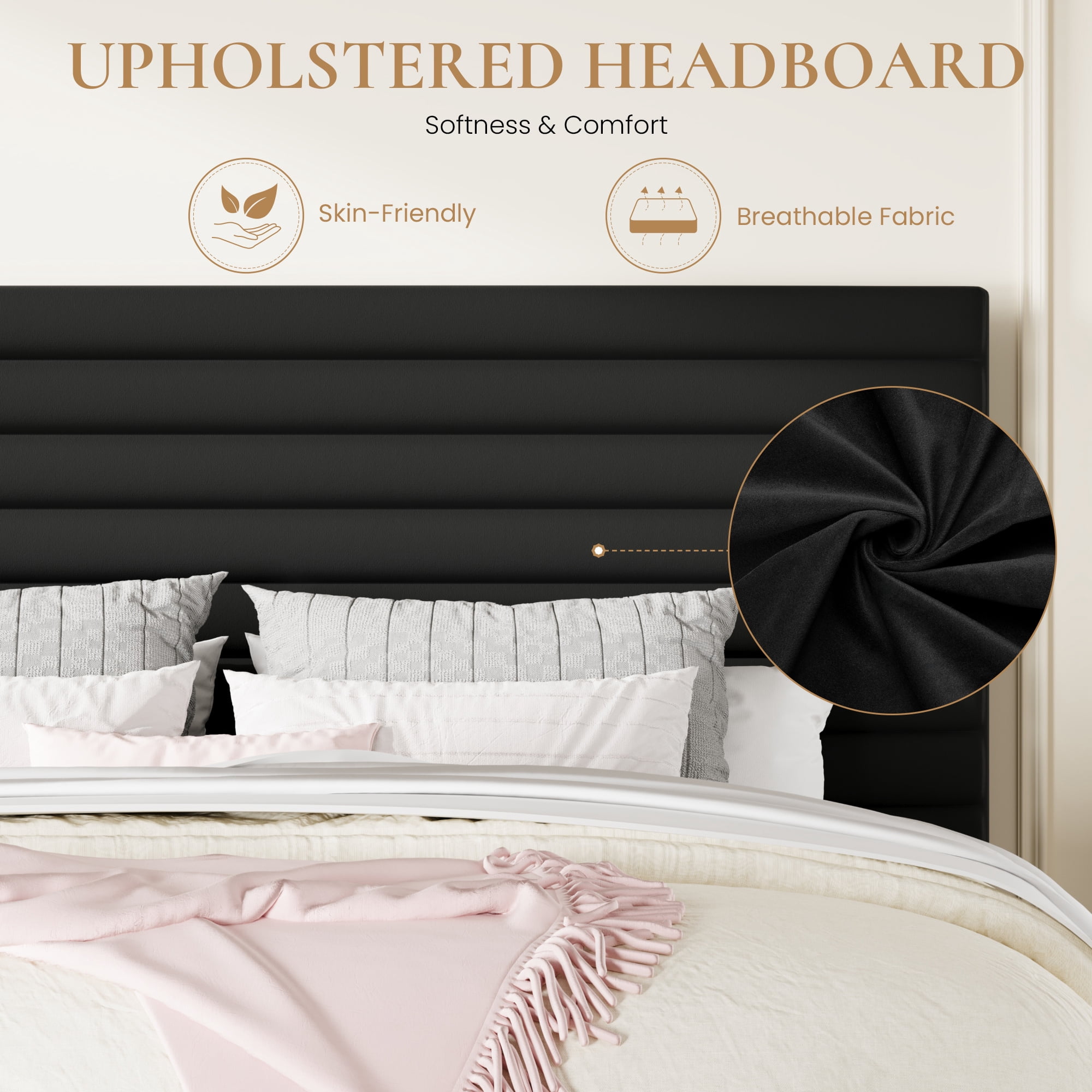Sha Cerlin Full Size Platform Bed Frame with Velvet Adjustable Headboard, No Box Spring Needed, Black