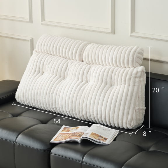 Z-Hom Full Backrest Pillows with 2 Neck Roll Pillows, Faux Fur Wedge Headboard Pillows, Bed Pillows for Sitting up Reading with Removable Cover & Side Pockets(White, 54"x20"x8")