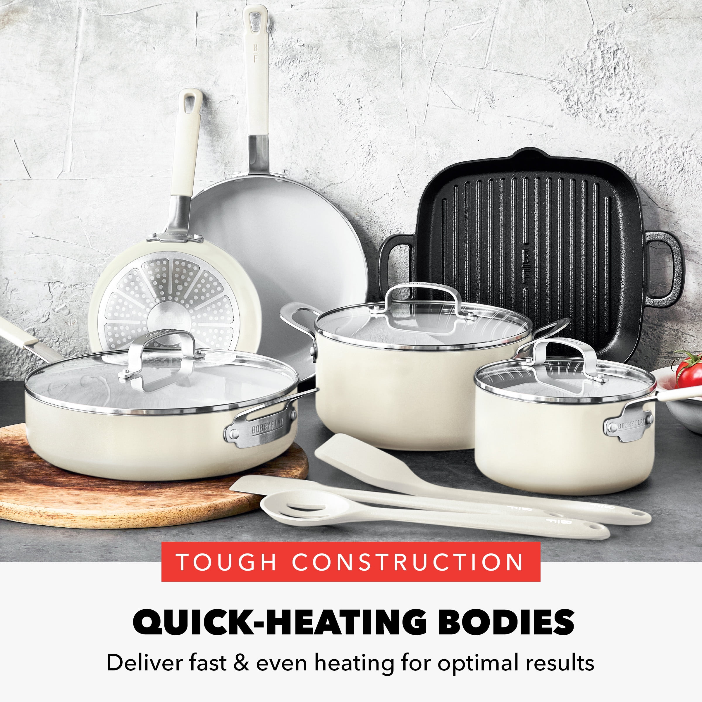 GreenPan Bobby Flay Aluminum Ceramic Nonstick 12-Piece Cookware Set, Cream White