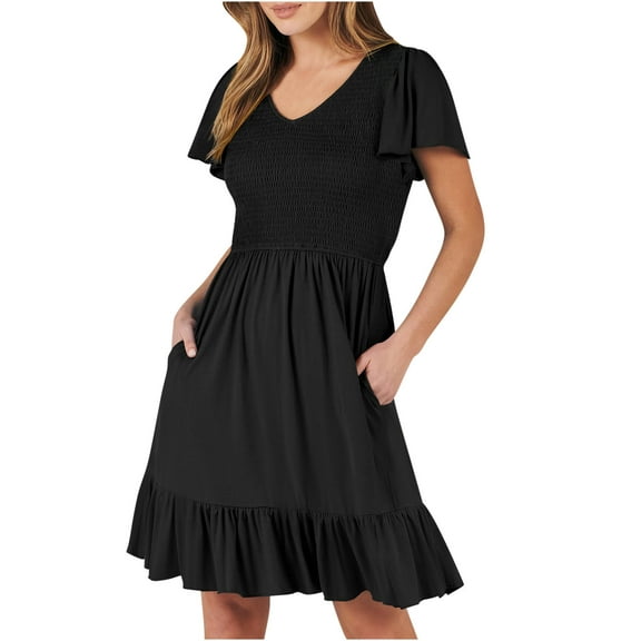 RYDCOT Womens Casual Dresses with Pockets Women's Flowy Casual Mini Dresses 2024 Summer Elastic Waist V Neck Flutter Sleeve Ruffle Dress Sale