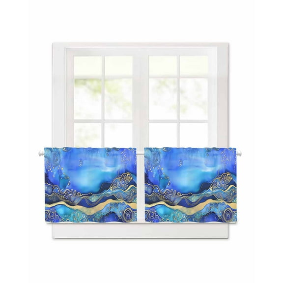 Ombre Blue Gold Marble Texture Short Blackout Curtains 30 Inch Long Abstract Waves Art Rod Pocket Kitchen Curtains, 2 Panels Thermal Insulated Room Darkening Drapes for Bedroom, 42"W x 30"L