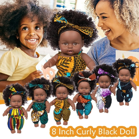 Nsxcdh Black Kids Doll,8-Inch Cute Curly Hair Vinyl Toy,African American Kids Figure,Realistic Newborn Doll for Boys and Girls Play