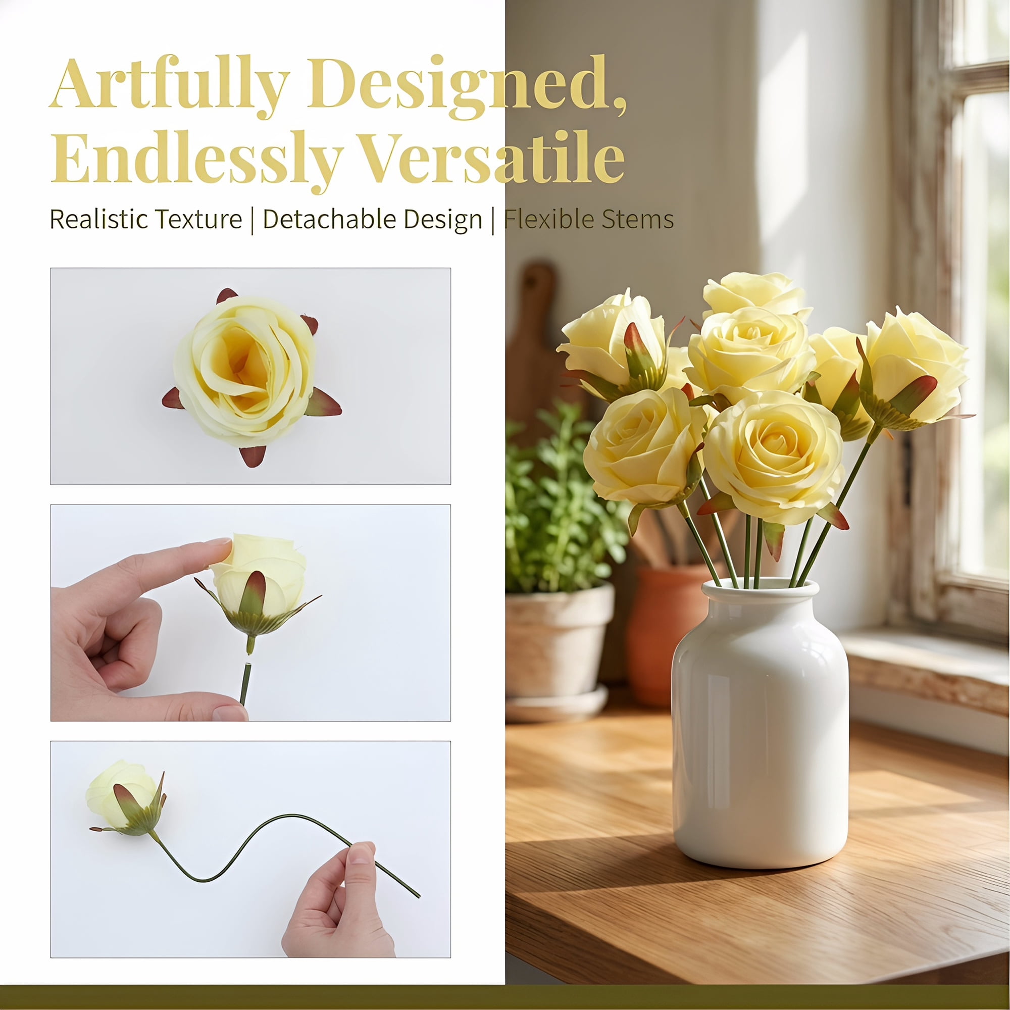 Unique Bargains 10Pcs Artificial Rose Flowers Petite Silk Bouquets Light Yellow 8.1 in