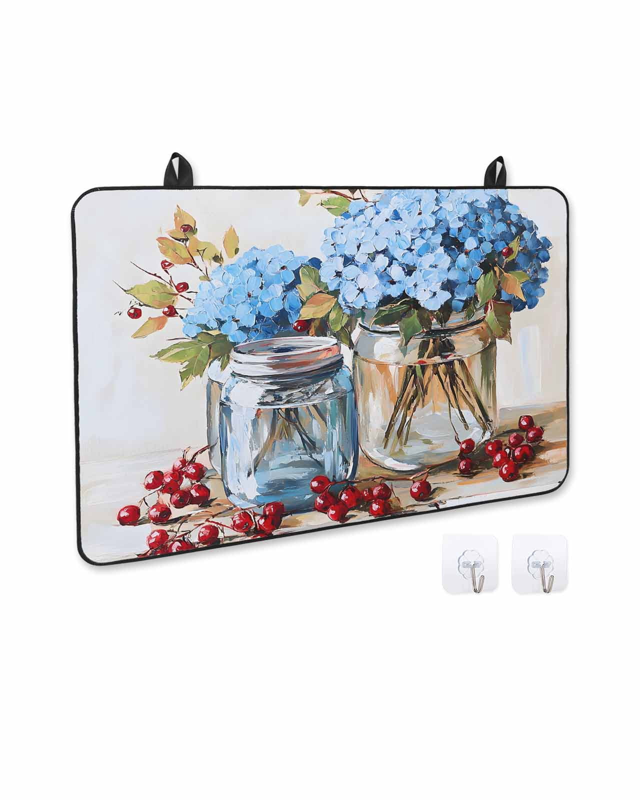 nqOlkjepod Large Induction Cooktop Protector Mat 36"x21", Flowers Fruit Stove Top Covers for Electric Stove, Blue Hydrangeas Vintage Farm Leaves Stove Burner Cover Mats, Glass Top Stove Cover