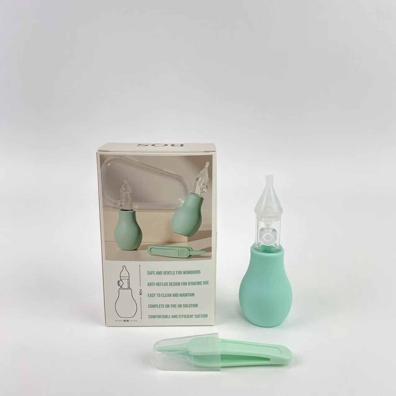BQS Nasal aspirators,Baby Nasal Aspirator – Manual Baby Nose Cleaner with Soft Silicone Tip, Anti-Backflow, Includes Cleaning Tweezers & Portable Case (Green, One Size)