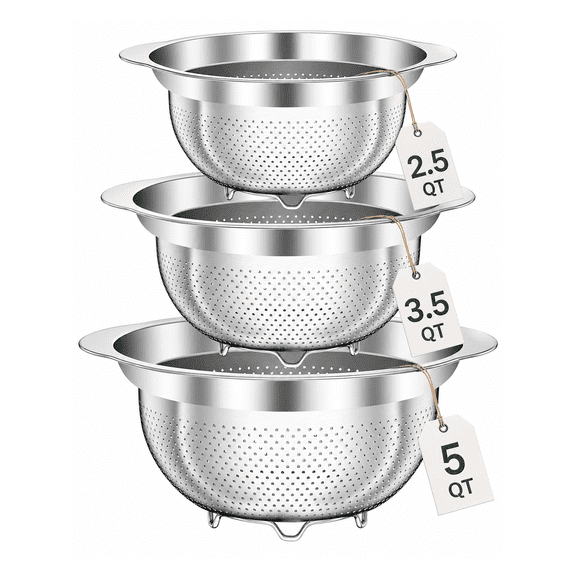 Stainless Steel Colander Strainer Set, 3 Pcs Metal Colanders for Kitchen, Large Pasta Strainer for Spaghetti, Fruit, Vegetables and Cooking Food, 2QT 3QT 5QT, Dishwasher Safe