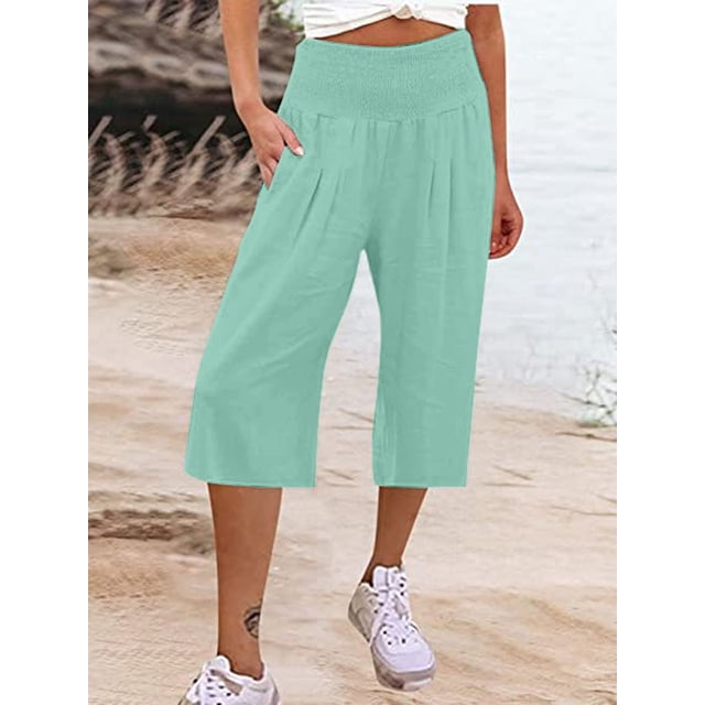 Pantalones de mujer de pierna ancha y fina con cintura de siete puntos de lino y algodón para mujer de estilo europeo y americano.