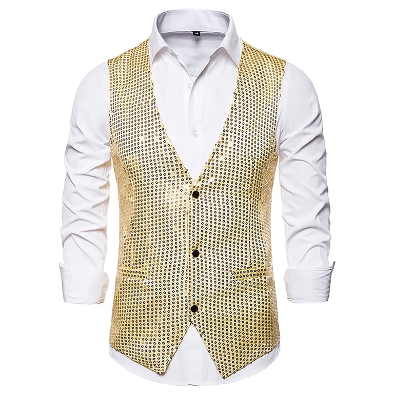 VSSSJ Men's Fashion Sequin Vest Slim Fit Shiny Solid Color Sleeveless  V-Neck Button Down Blazer Jacket Comfortable Nightclub Stage Party Vest Gold  XL - Walmart.com