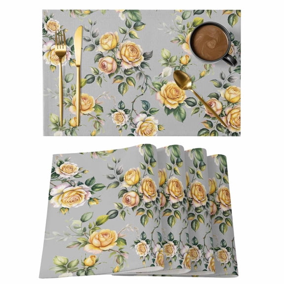 Yellow Rose Placemats Set of 6, Vintage Country Botanical Floral Vines Placemats for Dining Table, Place Mats for Kitchen Tabletop, Waterproof Wipeable Dining Table Mats Set