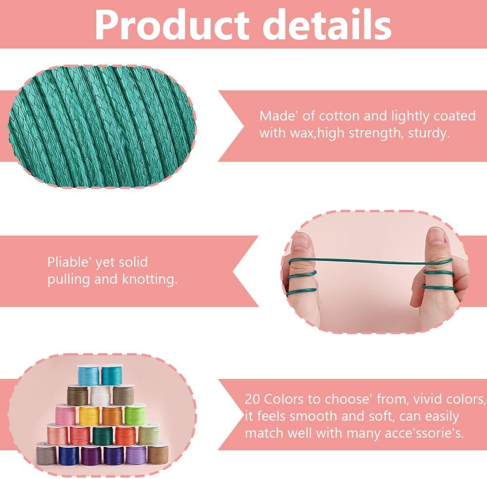 218.7 Yards 1.5mm Waxed Polyester Cord Thread 20 Rolls 20 Colors Beading Thread Cord String for Bracelet Necklace Jewelry DIY Craft Making Waist Beads Knotting Macrame Supplies