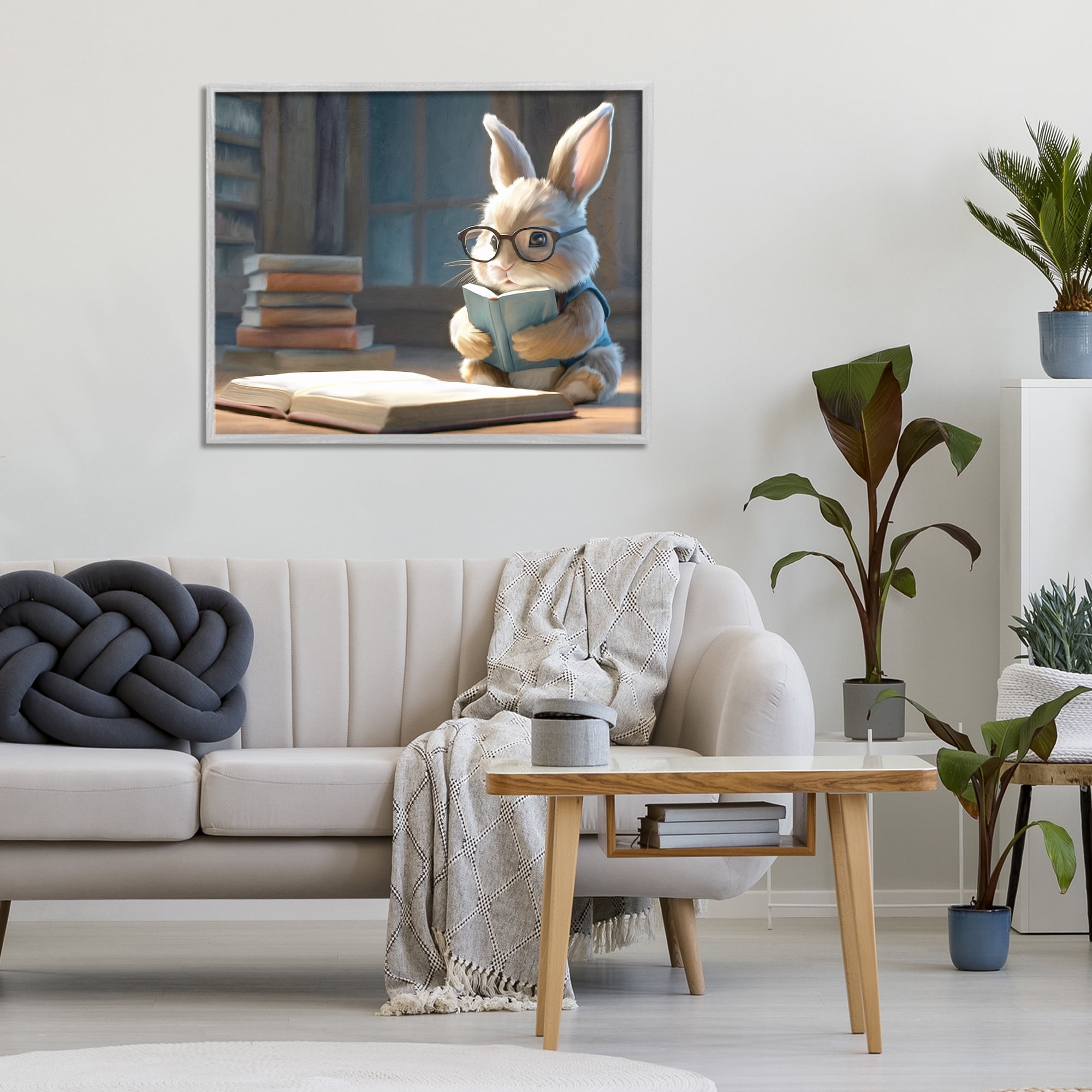 Stupell Industries Bookish Bunny at Desk Gray Framed Giclee Art, design by Kim Allen