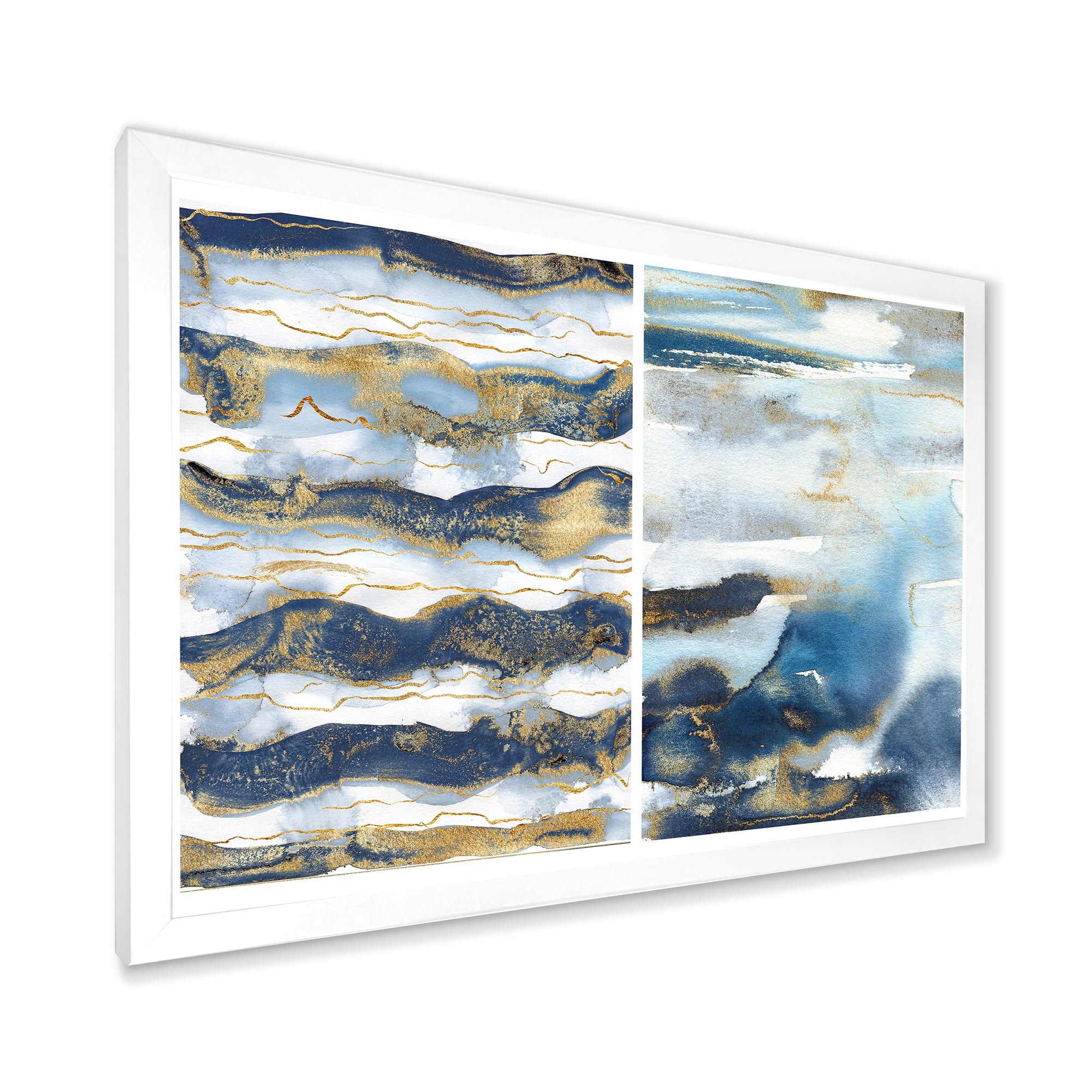 Designart 'Gold and Dark Blue Abstract Waves II' Modern Framed Art Print