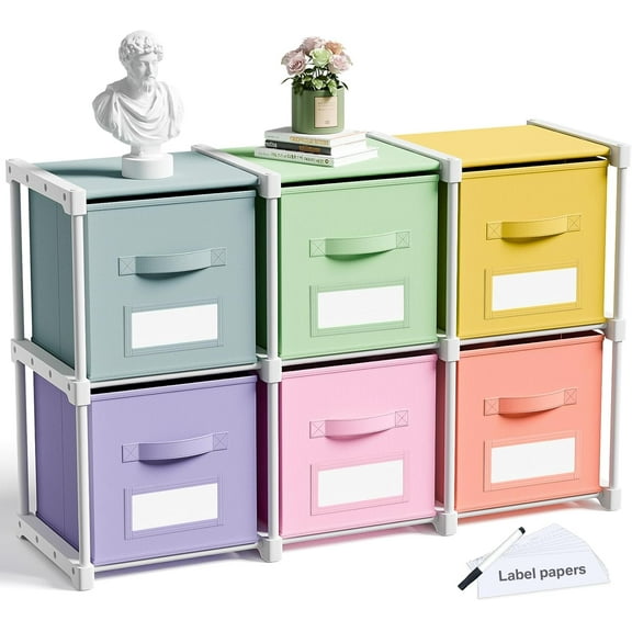 6 Sets Cube Storage Organizer Shelf Bins with Labels 11 Inch, Fabric Collapsible Cubby Toys Storage Drawers Unit for Daycare Nursery and Playroom Christmas Gift Family Home Organizer (Pastel)