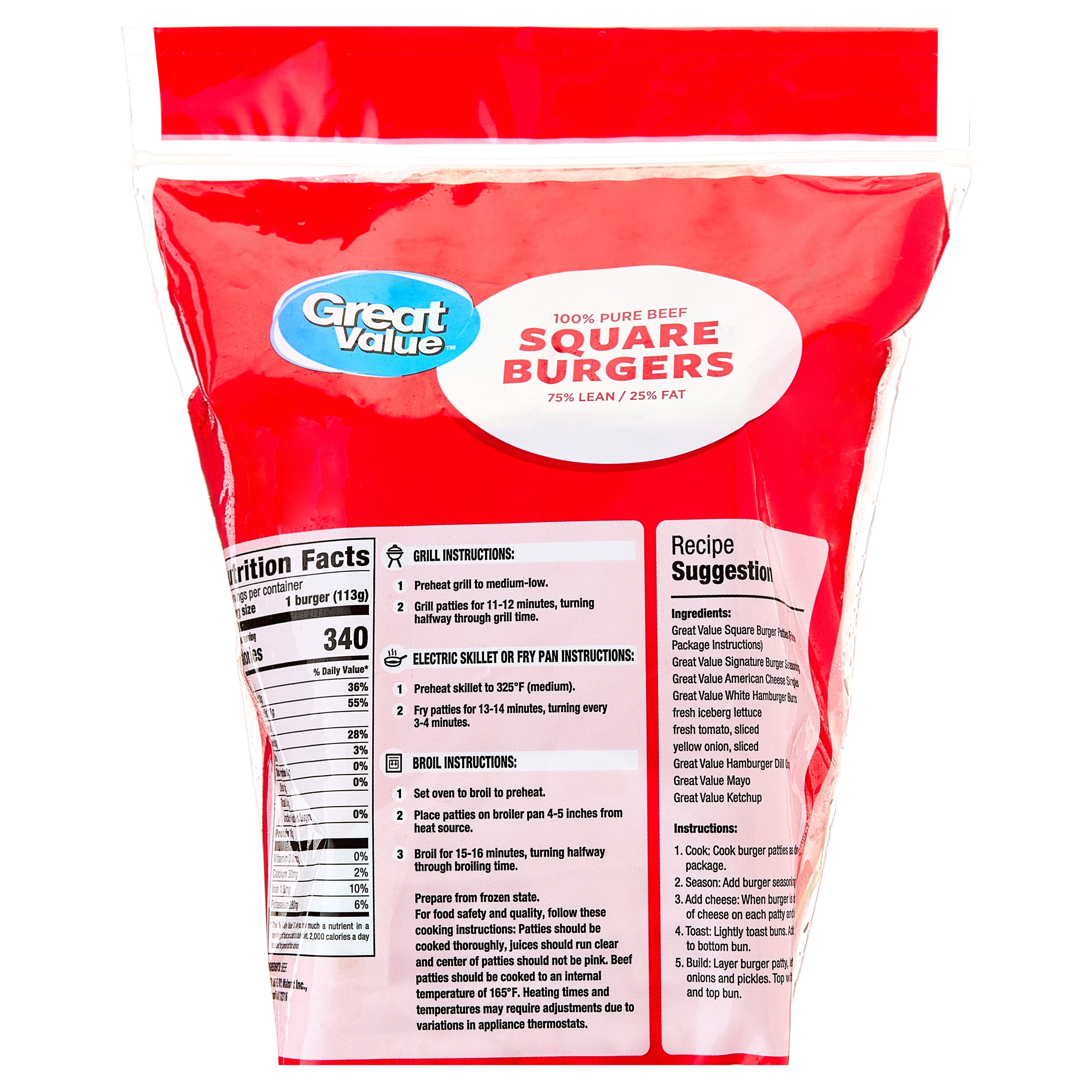 Great Value 100% Pure Beef Square Burgers, 75% Lean / 25% Fat, 3 lb, 12 Count (Frozen)