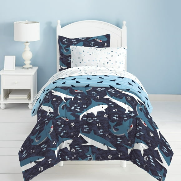 dream FACTORY Ensemble Complet 7 Pcs pour Enfants, Microfibre Ultra Douce à Lavage Facile, Couette Literie, Double, Bleu Sharks